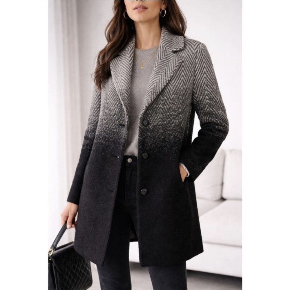 Talbots Womens Wool Coat Gray Black Ombré Chevron Quilted Liner Quiet Luxury 12P
